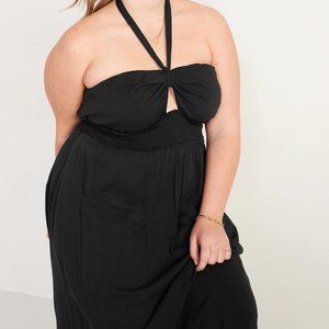 Fit & Flare Smocked Twist-Front Halter Maxi Dress